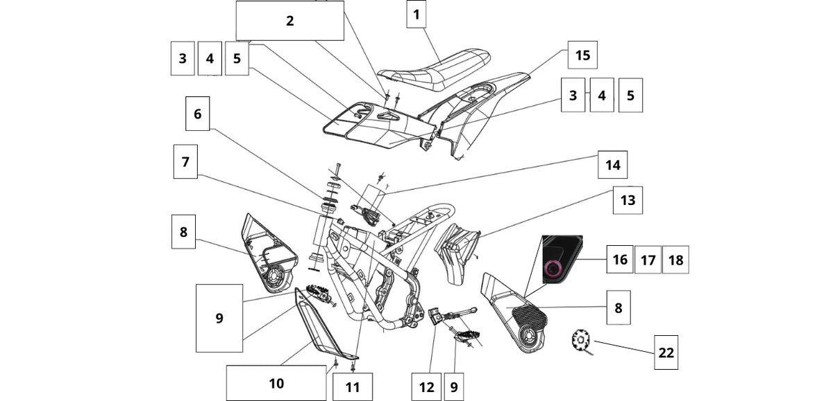 RFN Warrior SX-E350 Frame, Seat and Plastics diagram
