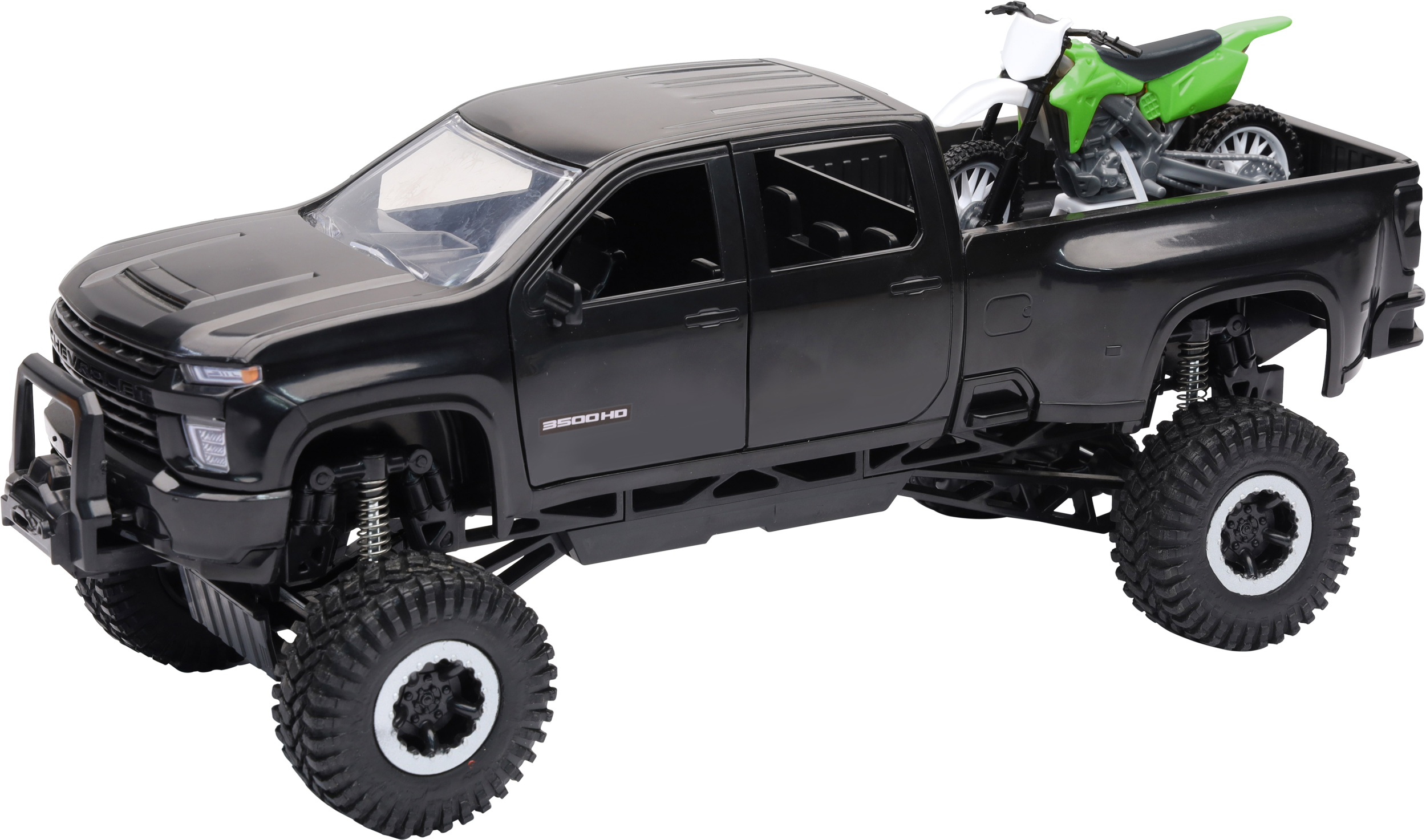 1:20 SCALE CHEVROLET 3500 HD OFFROAD PICKUP W/GRN DIRT BIKE