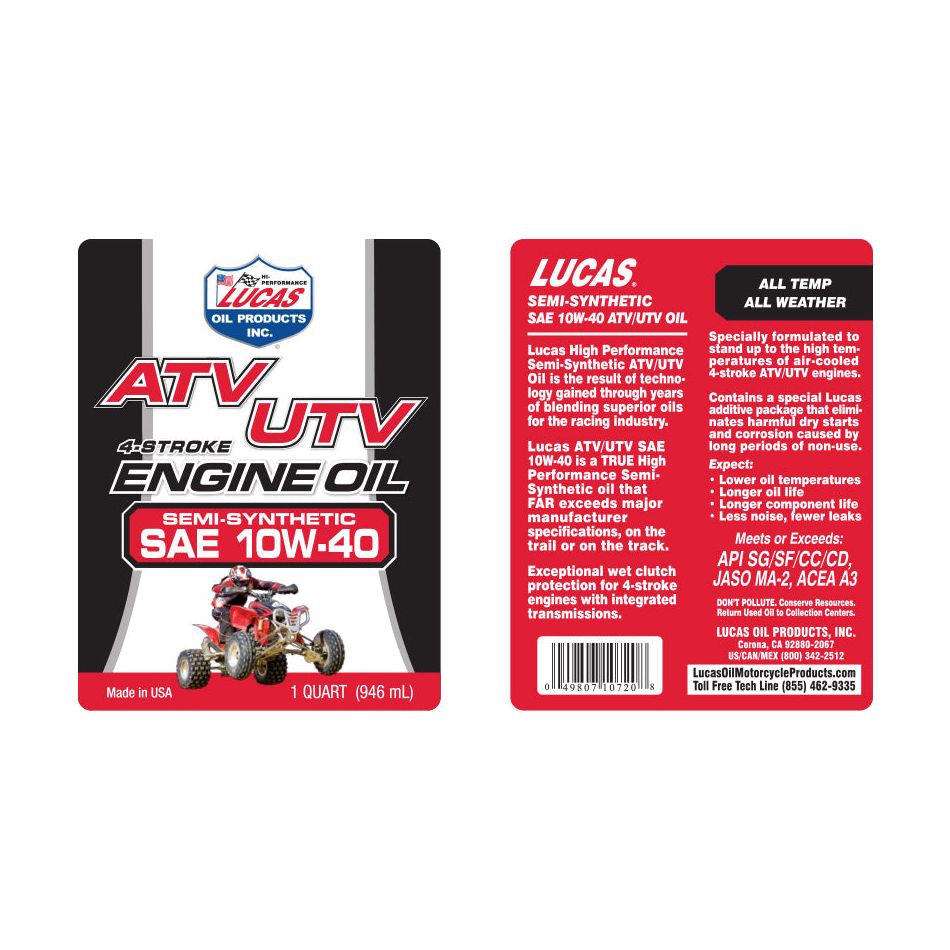 LUCAS SEMI-SYNTHETIC ATV ENGINE OIL 10W-40 QT