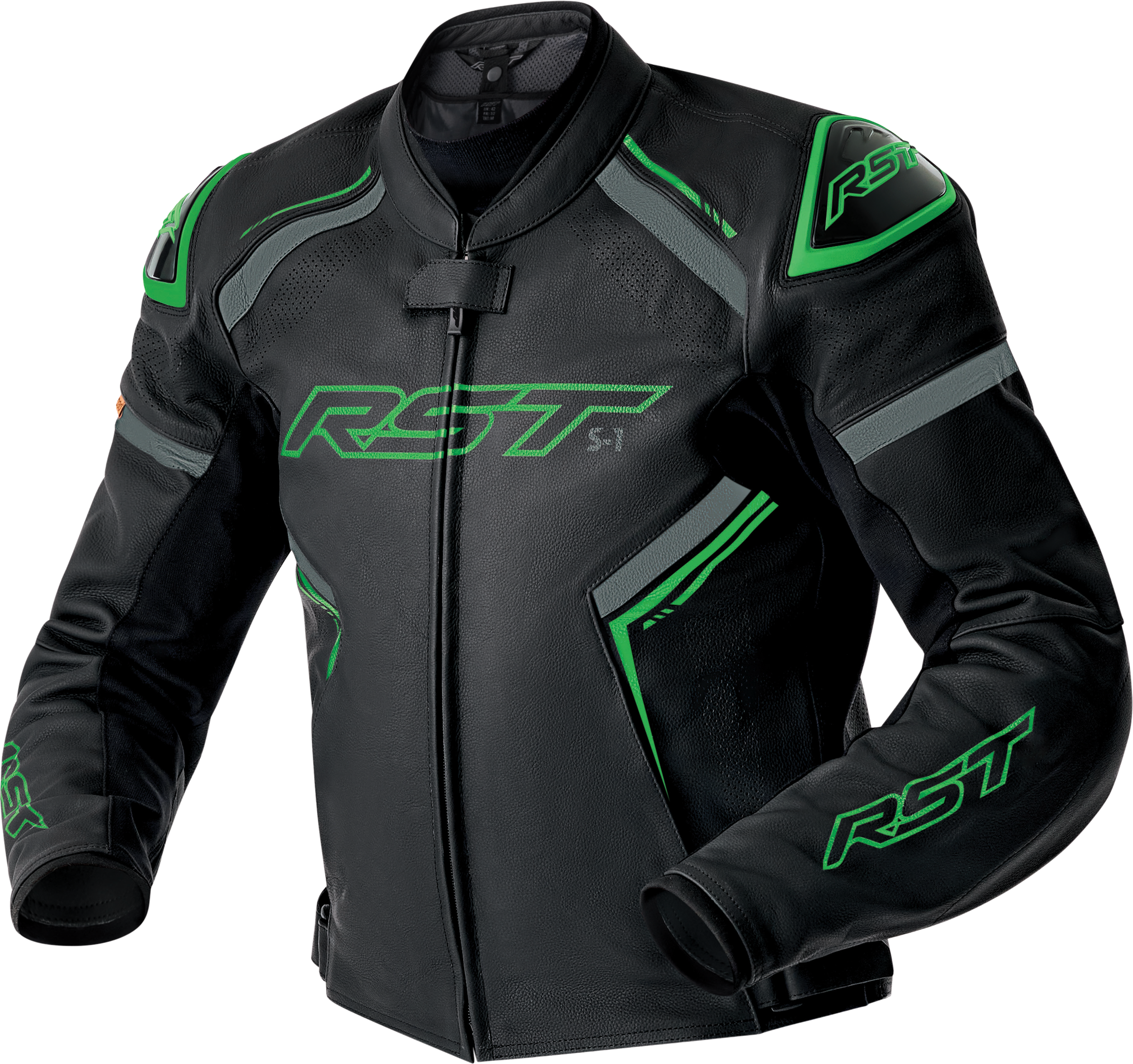 S1 D3O LEATHER JACKET BLK/GRY/FLO GRN XL