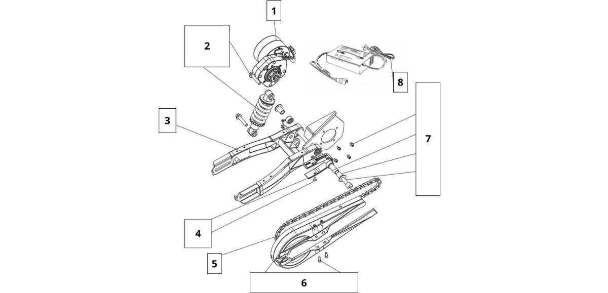 RFN Warrior SX-E350 Rear Swing Arm, Rear Shock and Motor diagram