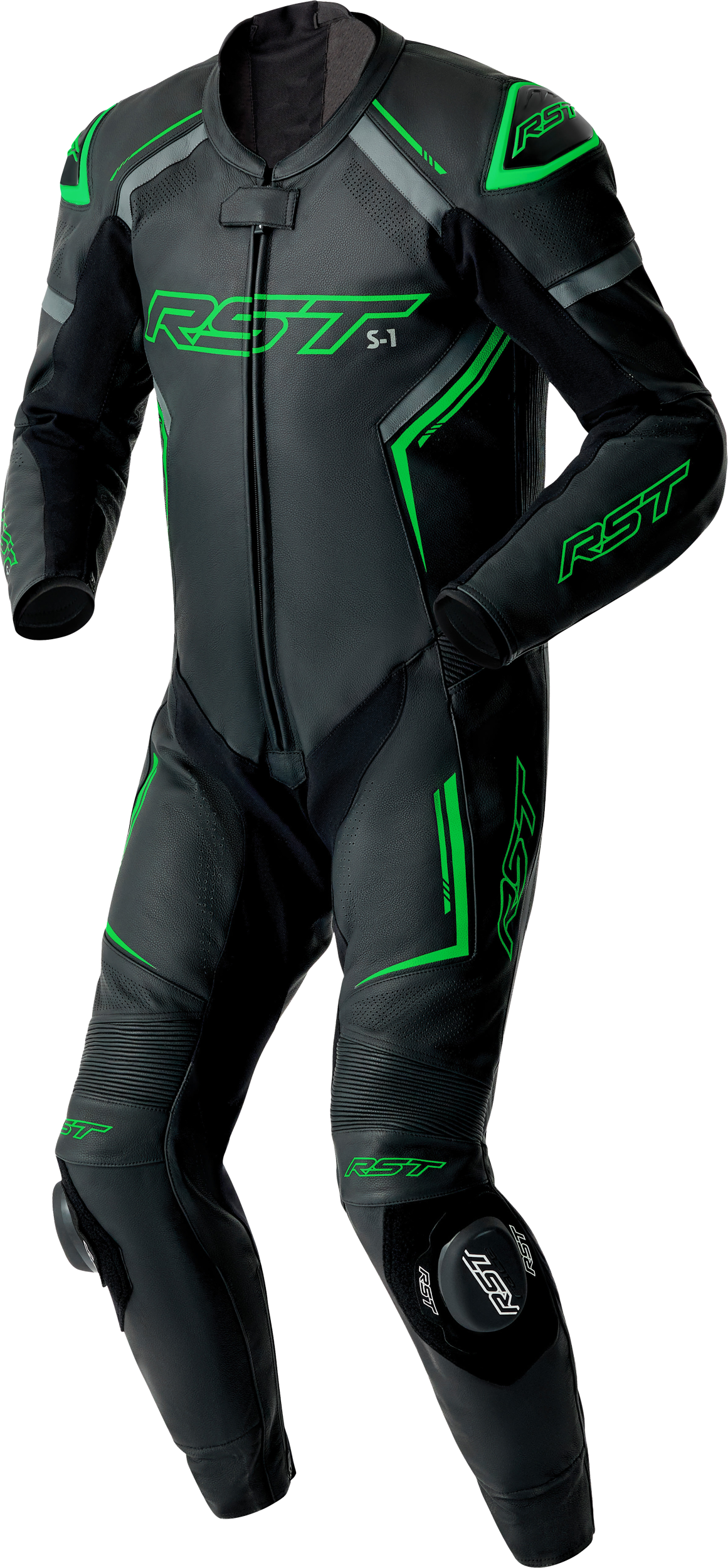 S1 D3O SUIT BLK/GRY/FLO GRN LEATHER XL
